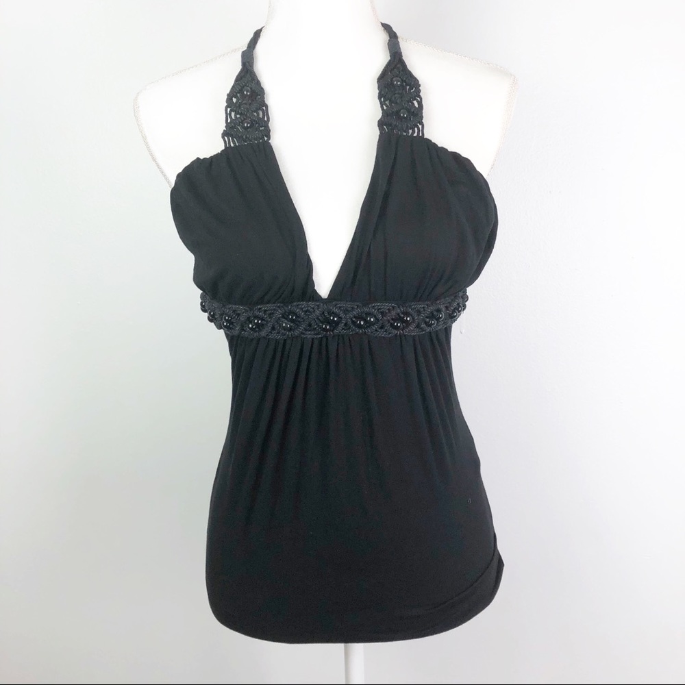 Sky Beaded & Braided Halter Tank Top Black Medium